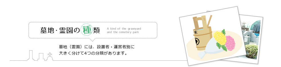 墓地・霊園の種類 墓地（霊園）には、設置者・運営者別に大きく分けて４つの分類があります。